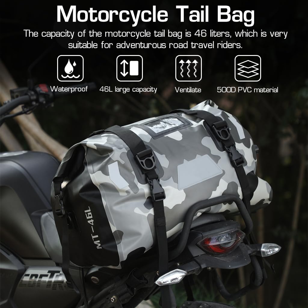 STHIRA Motorcycle Tail Bag Motorcycle Saddlebag Large 46L 500D Waterproof PVC Duffle Bag Travel Luggage Bag with Detachable Shoulder Strap Motorcycle Tail Bag for Motorcycle Road Trips