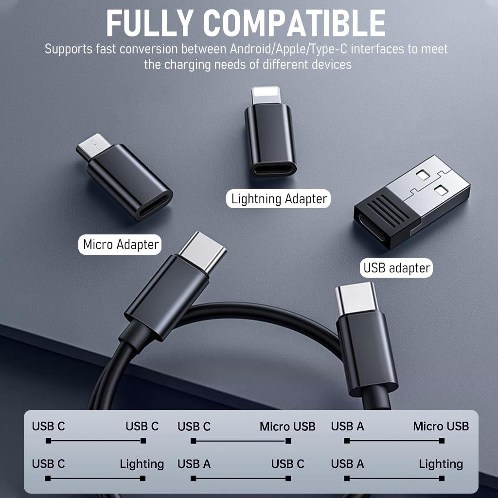 ZORBES® 6 in 1 Adapter Cable with Case, USB A to USB C Adapter, Light-ning to USB C Adapter, Micro USB to USB C Adapter, Type C to Type C, Sim Card Eject Tool, Travel Charing Kit for Mobile, Loptop