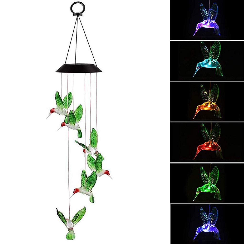 Supvox  Glass and Plastic Solar Changing Colour Hummingbird LED Hanging Lamp Wind Chime for Outdoor Indoor Gardening Yard Pathway