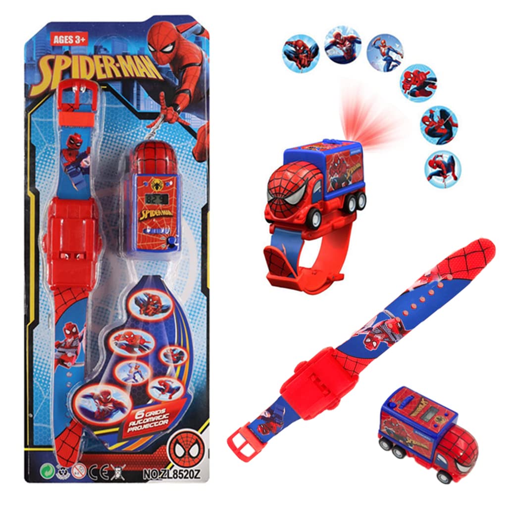 PATPAT® Spiderman Watch for Kids, 2 in 1 Detachable Pull Back Truck Car Kids Watch with 6 Images Projector, Spider-Man Digital Watchs for Kids, Watch Car for Kids Girls