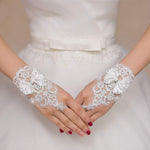 PALAY Bridal Gloves White for Wedding Lady Formal Banquet Party Bride Bowknot Rhinestone Pierced Lace Wedding
