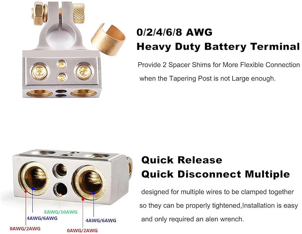 ZIBUYU Car Battery Terminal Connectors with Cover, 0/2/4/6/8 AWG Battery Terminals Heavy Duty Car Battery Terminal, Top Post Multiple Battery Terminal, with 2 Shims, 2 Protector Cover