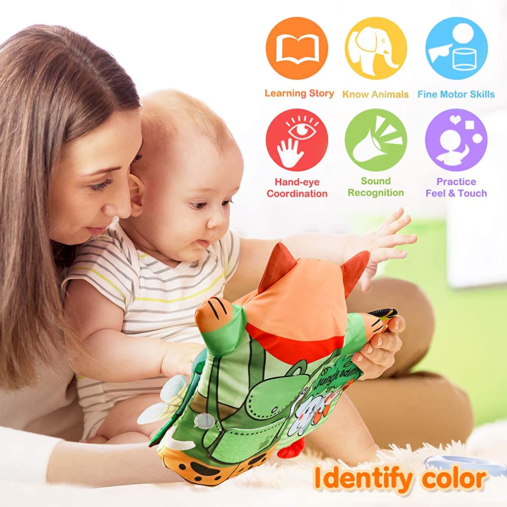 SNOWIE SOFT Baby Soft Cloth Book, with Hand Puppets, Animal fold Tail Tactile Fabric Activity Book, Suitable for Babies, Toddlers, Bear Raccoon Dolls, Children's Adult Role Playing, Multicolor