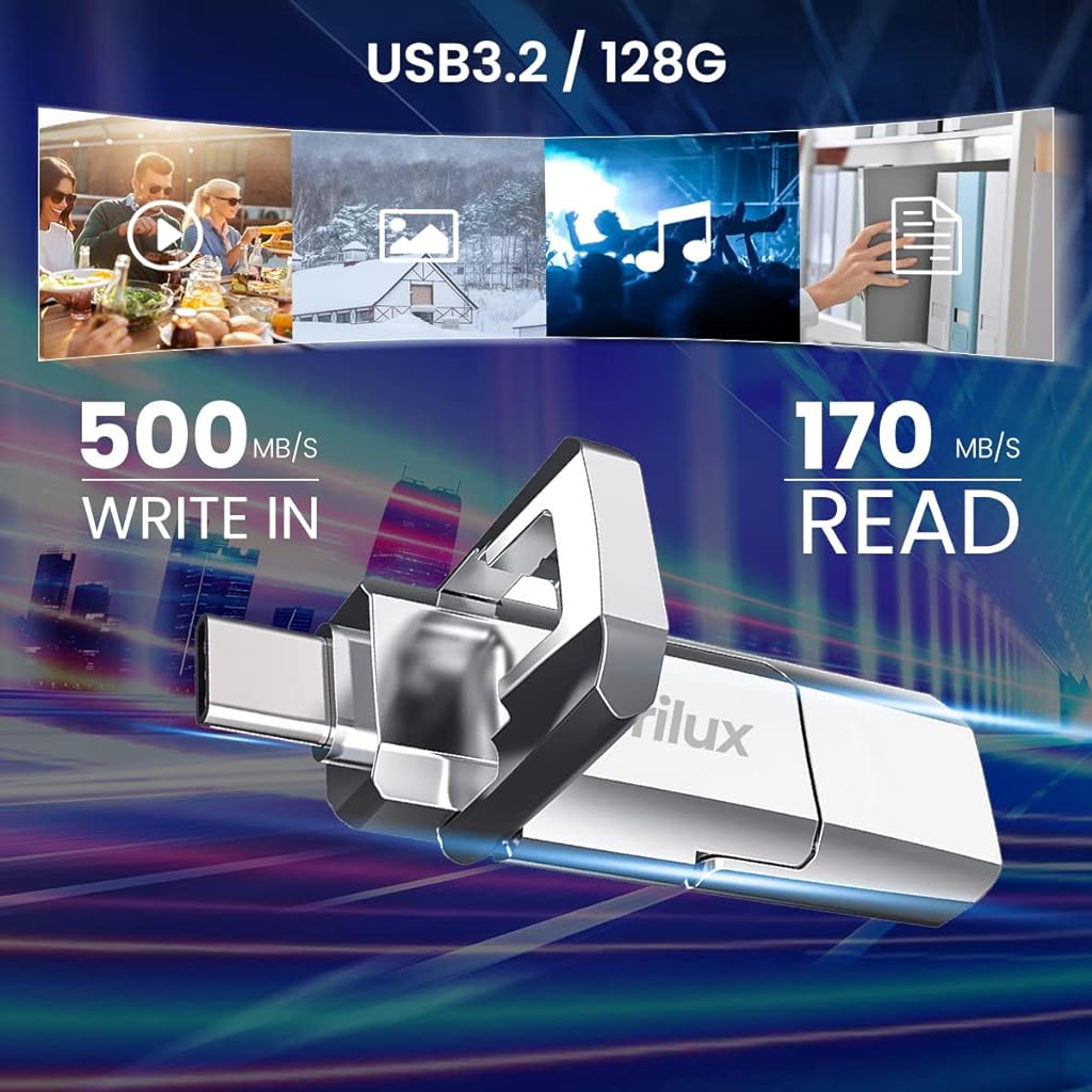 Verilux Pendrive 128GB 2-in-1 Flash Drive 128GB OTG Pendrive with USB 3.1 & Type C 500MB/s Super-Fast Transfer Speed Universal USB Mini External Flash Drive for Smartphone, Laptop, MacBook/Pro/Air PC