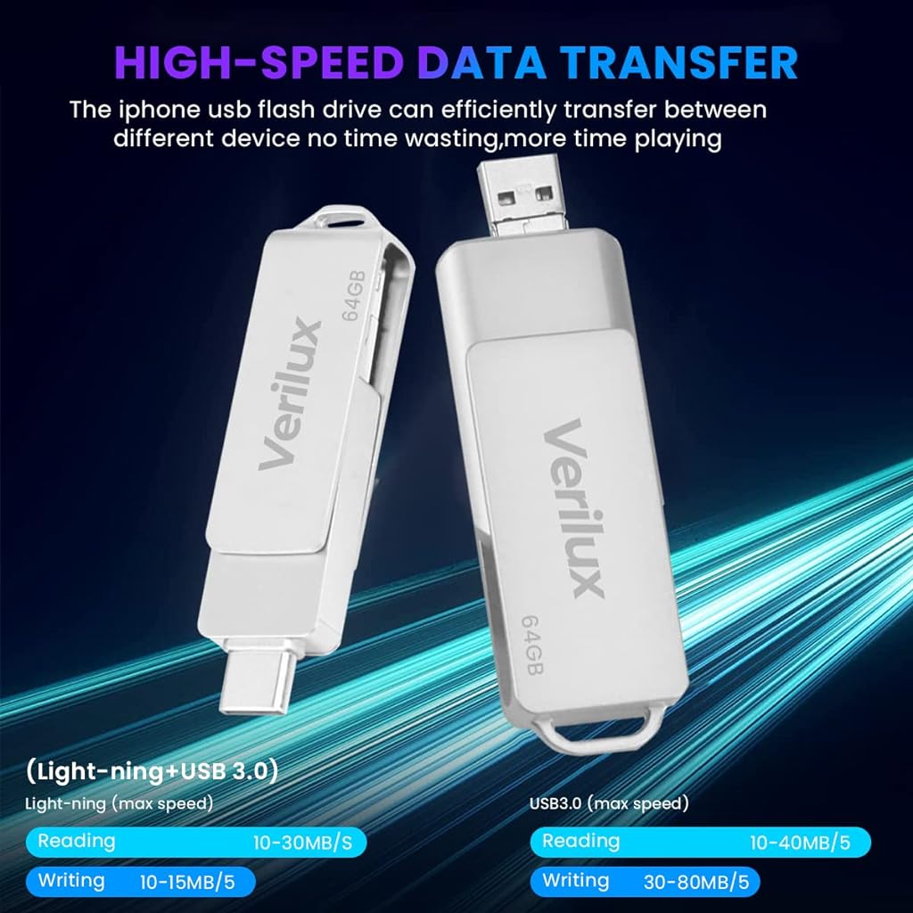 Verilux Pendrive 64GB 3 in 1 USB 3.0 Flash Drive with Light-ning, USB A, Type-C Interface Mini Hangable PenDrive for iOS & Android Compatible with iPhone, iPad, Smartphone, PC and More Devices