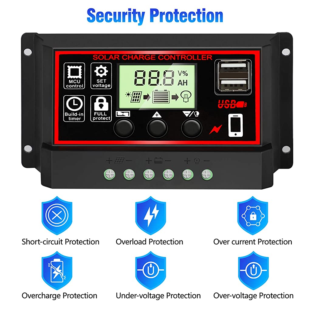 Verilux  10A Solar Charge Controller, Black Solar Panel Battery Smart Regulator, Dual USB Ports 12V/24V PWM Automatic Paremeter Adjustable LCD Display