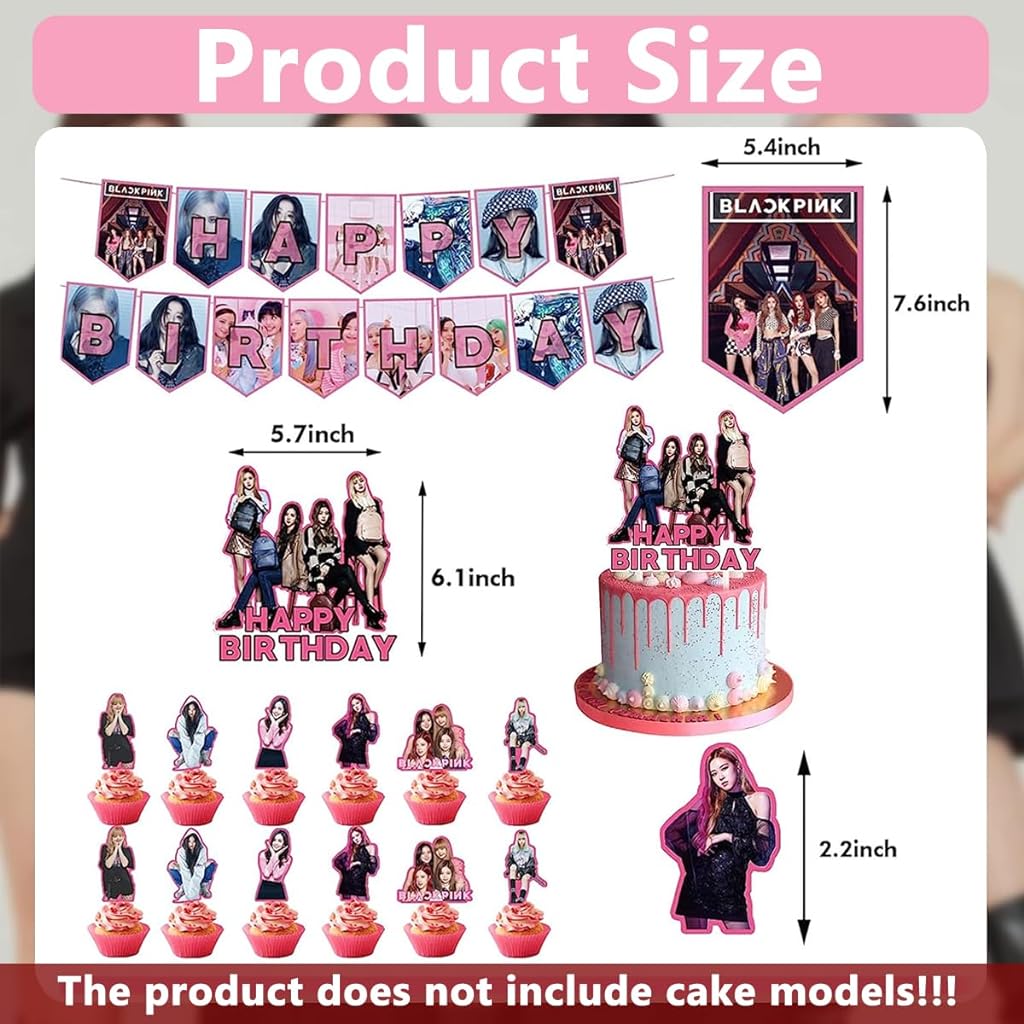 HASTHIP® Blackpink Cake Decoration Items Party Supplies Kits, Include Paper Banner, 18 Ballons, 1 Cake Topper & 24 Cupcake Toppers - Blackpink Theme Party Birthday Cake Decoration Set Fans Gift