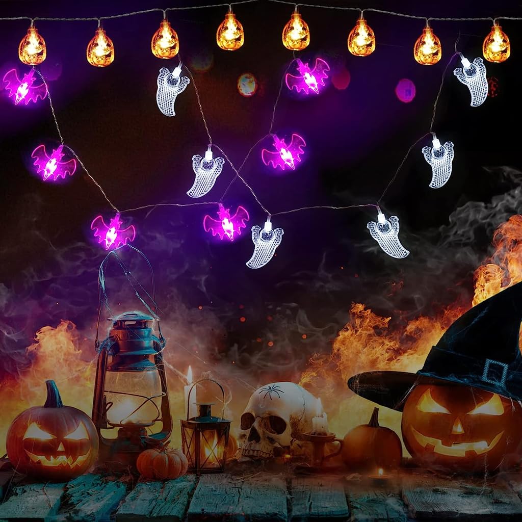 ELEPHANTBOAT Halloween LED Pumpkin String Light, Bat and Ghost String Lights 9.8ft Halloween LED Light String with Flashing Mode Classic Halloween Pumpkin String Light for Party, Room Decoration
