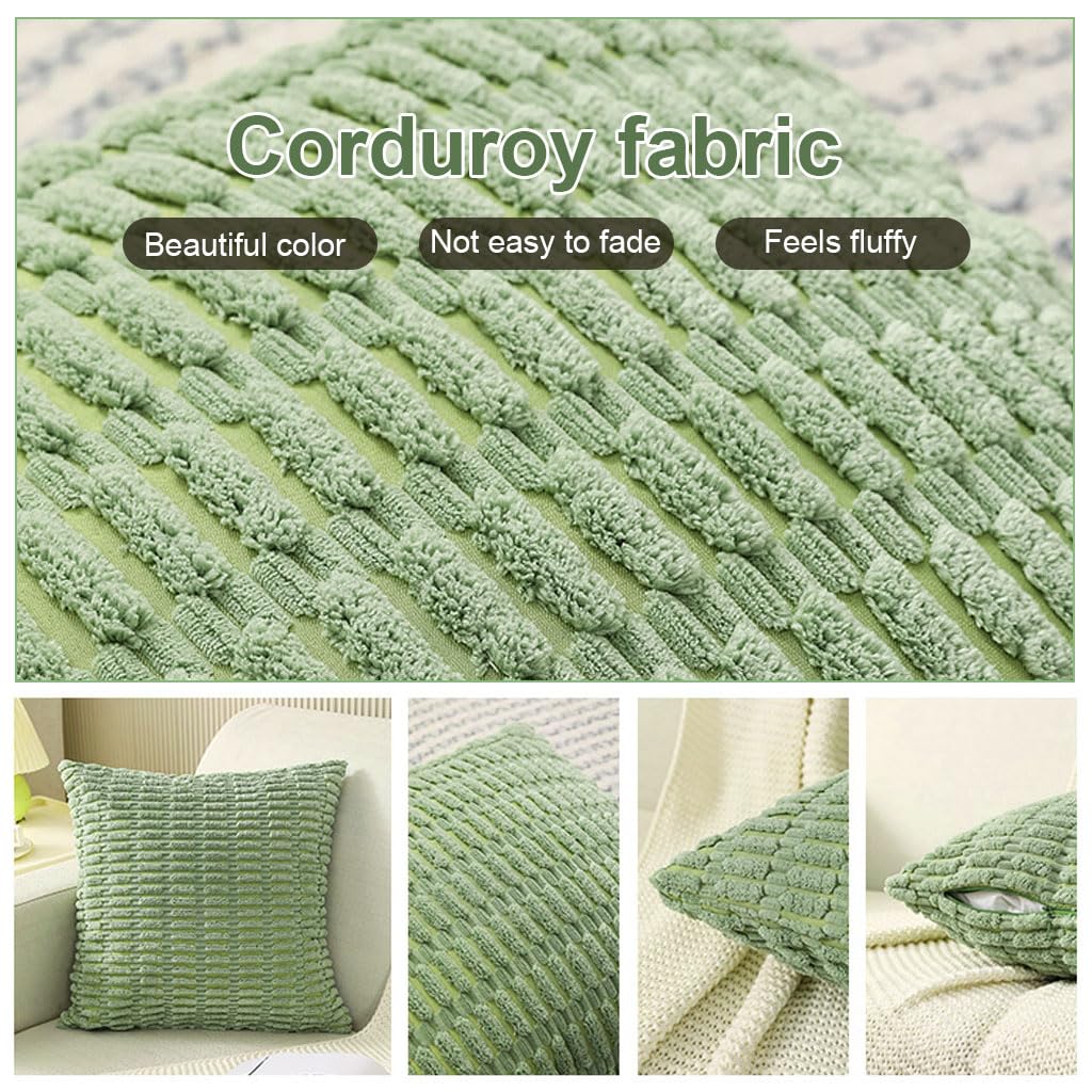 HASTHIP® 2Pcs Pillow Cushion Covers, Sage Green Decorative Throw Pillow Covers, 17.7 x 17.7 Inches Soft Corduroy Striped Square Pillow Covers for Couch Living Room Bed Sofa (Pillow Not Included)