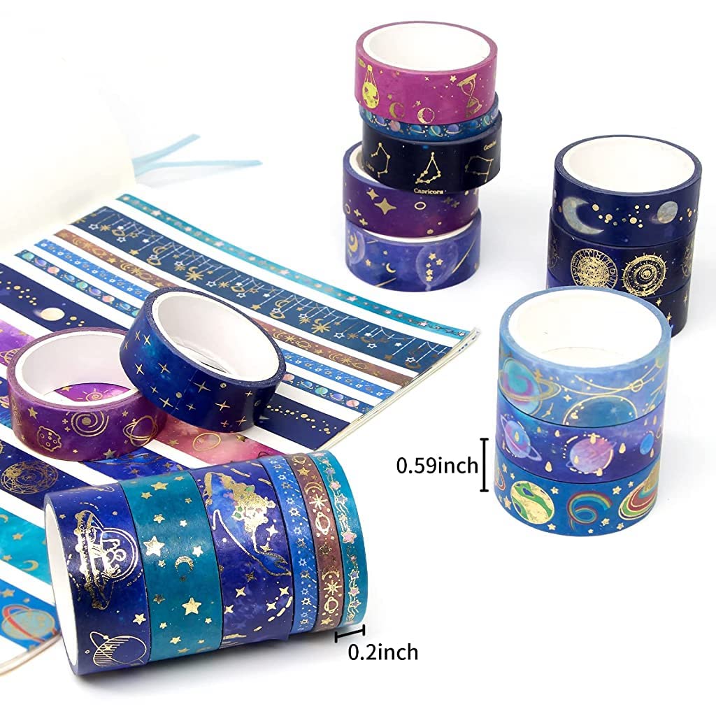 HASTHIP® 19Rolls Washi Tape Set Gold Foil Galaxy Decorative Masking Tape Constellation, Stars, Celestial, Tape for Bullet Journal Supplies DIY Crafts Arts Scrapbooking Adhesive