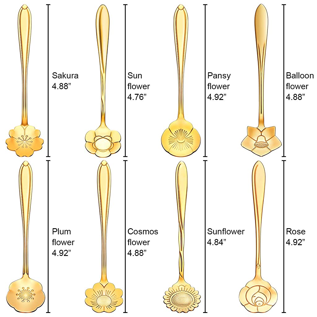 HASTHIP 8 Pieces Flower Spoon Coffee Teaspoon Set, 410 Stainless Steel Tableware, Reusable Sugar Spoon Tea Spoon Stir Bar Spoon Stirring Spoon, 8 Different Patterns (Golden)