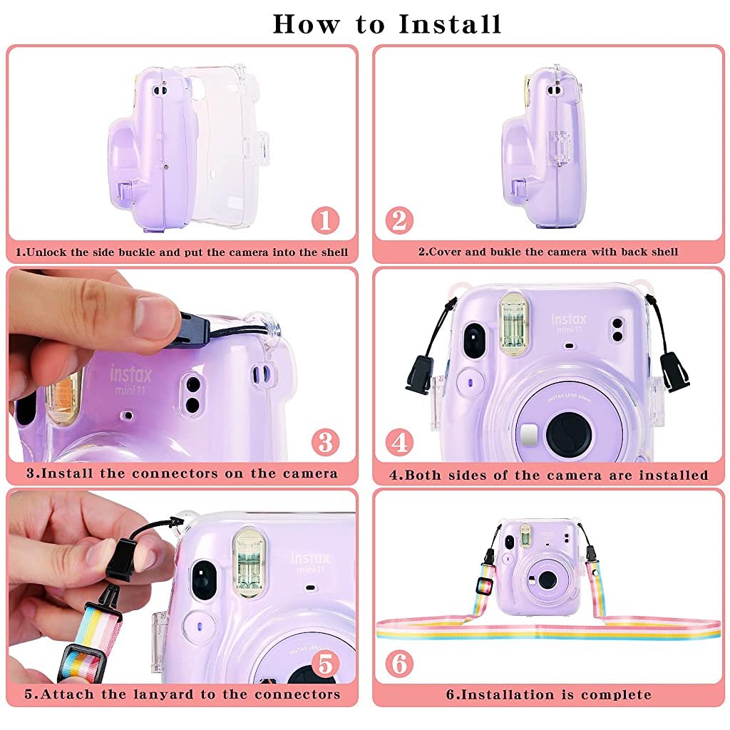 ZORBES Instax?Mini?11?Case Cover, Crystal Protective Camera?Case for Fujifilm Instax?Mini?11, Easy Install Clear Hard Shell Cover with Removable Rainbow Shoulder Strap for Intex?Camera?Mini?11