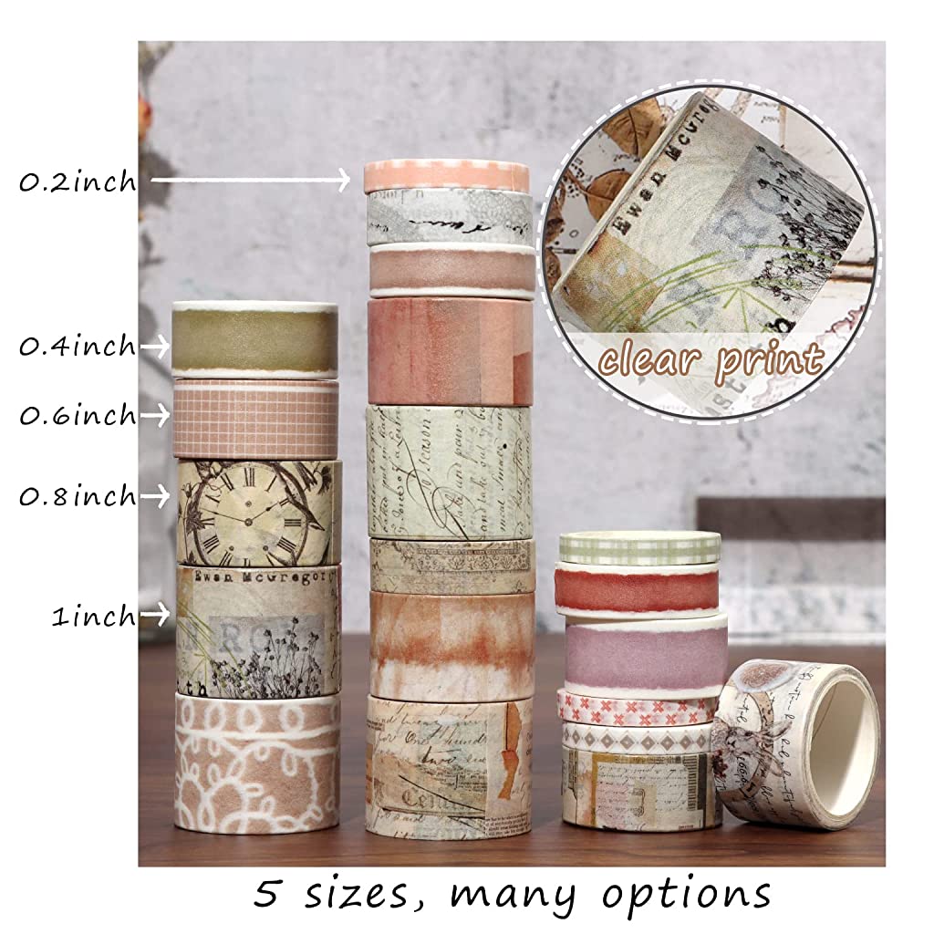 HASTHIP 20 Rolls Vintage Washi Tapes for Journal, Retro Aesthetic Masking Washi Tape Set for Decorative Scrapbook Supplies, Bullet Journal, DIY Decor and Craft Supplies