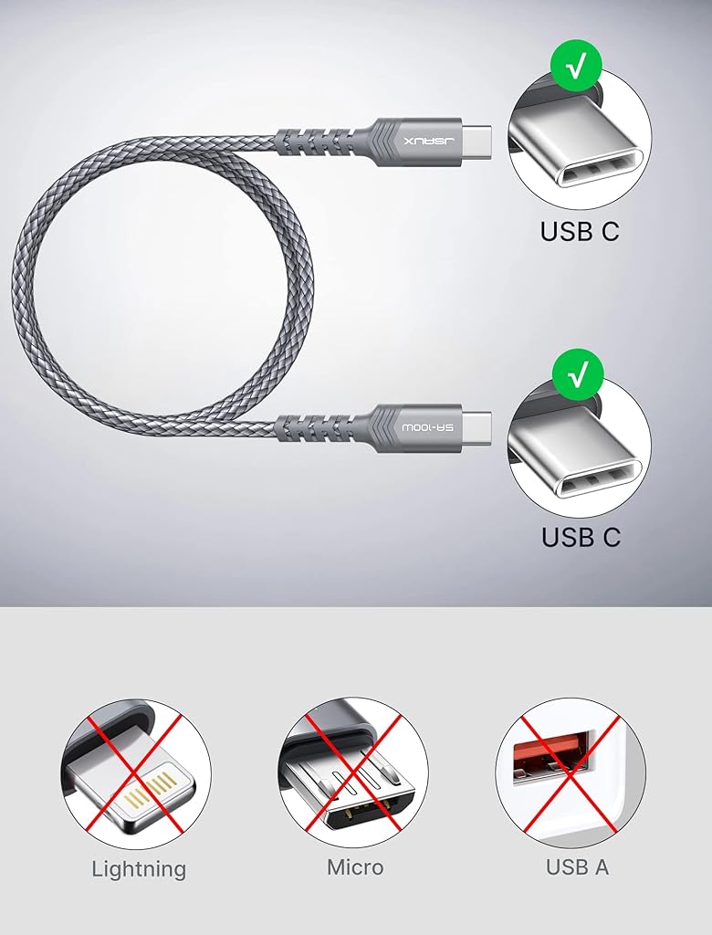 JSAUX® Type C to Type C Cable Fast Charging [2-Pack 6.6FT], 100W/5A USB C to USB C Cable, 480Mbps Braided Data Cable C Type for MacBook Pro 2020, iPad Pro 2020, iPad Air 4, Samsung S23+/S23 S22 Ultra