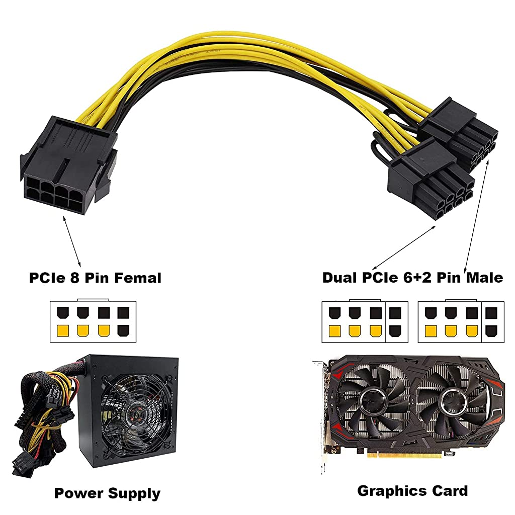 Eleboat® PCI-E 8 Pin Female to Dual 8 Pin (6+2) Male PCI Express 12.5 Inches (6 Pack)