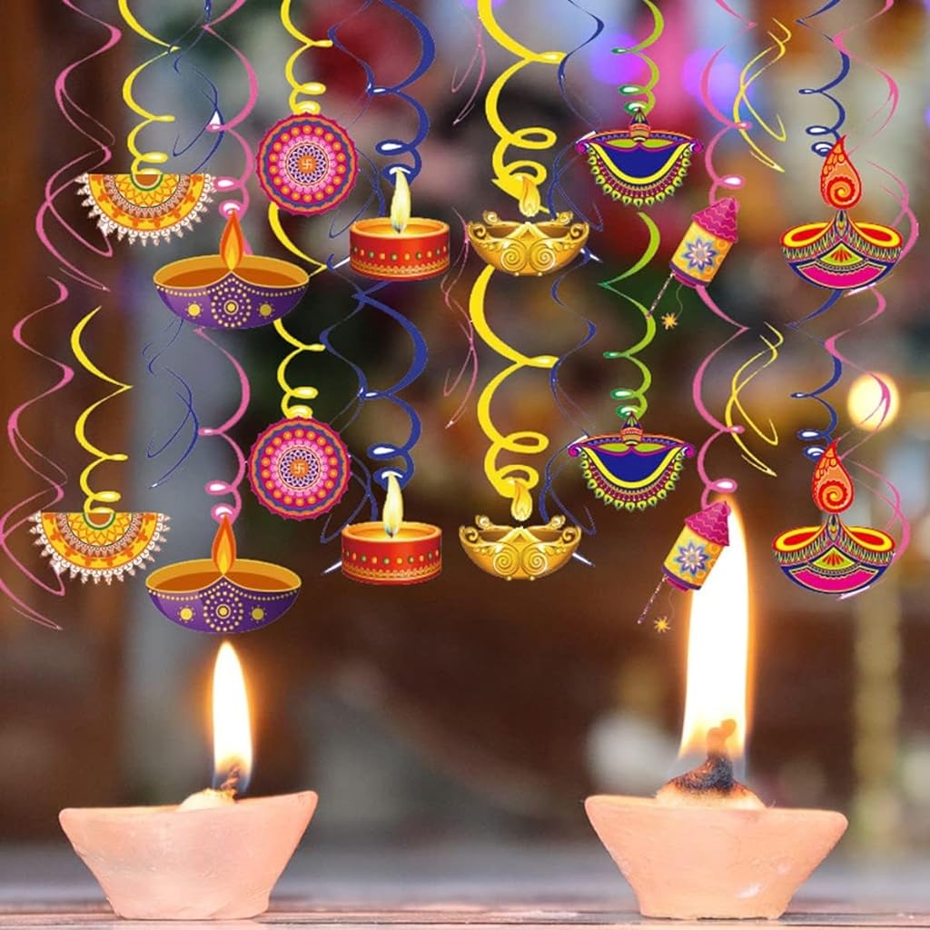 HASTHIP 46pcs Diwali Decorations, Happy Diwali Banner Deepavali Hanging Swirls Festival of Lights Party Supplies Indian Themed Light Party Decor Supplies Favor