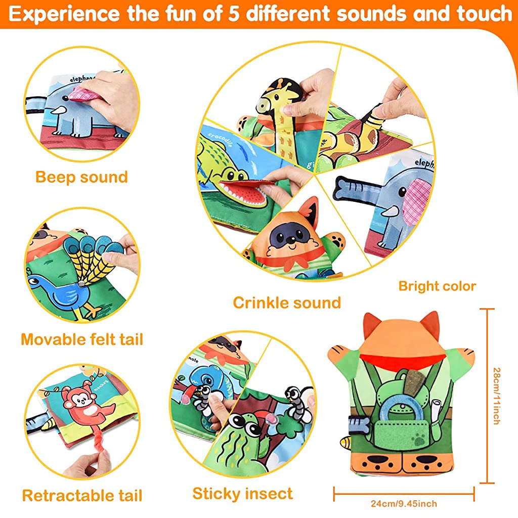 SNOWIE SOFT Baby Soft Cloth Book, with Hand Puppets, Animal fold Tail Tactile Fabric Activity Book, Suitable for Babies, Toddlers, Bear Raccoon Dolls, Children's Adult Role Playing, Multicolor