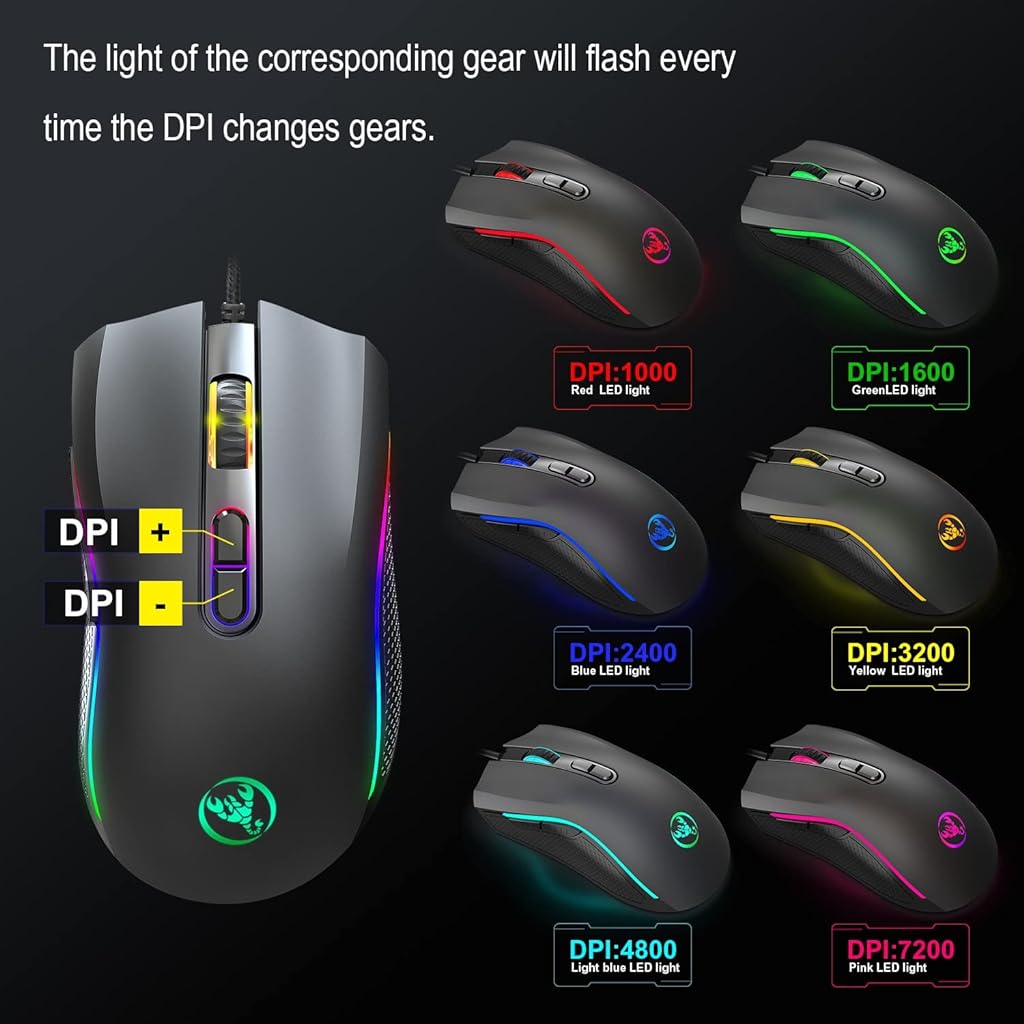 Verilux® Wired Gaming Mouse Ergonomic Gaming Mouse with 7 Programmable Keys,6 Adjustable DPI,LED Backlit USB Plug and PlayFor Laptop, PC, Windows, Mac