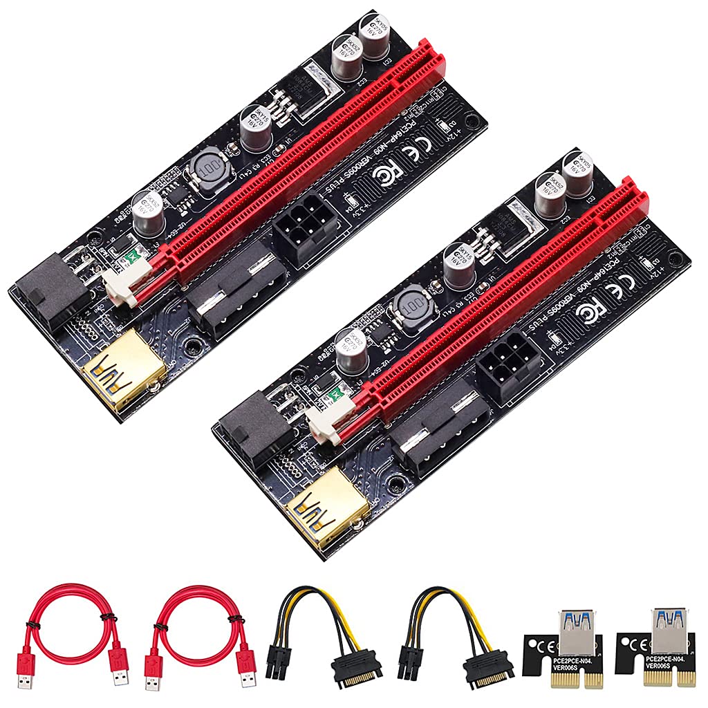 Eleboat® 2 Pack Pi+ VER009S Gold PCI-E 6Pin 1X to 16X Powered Pcie Riser Adapter Card