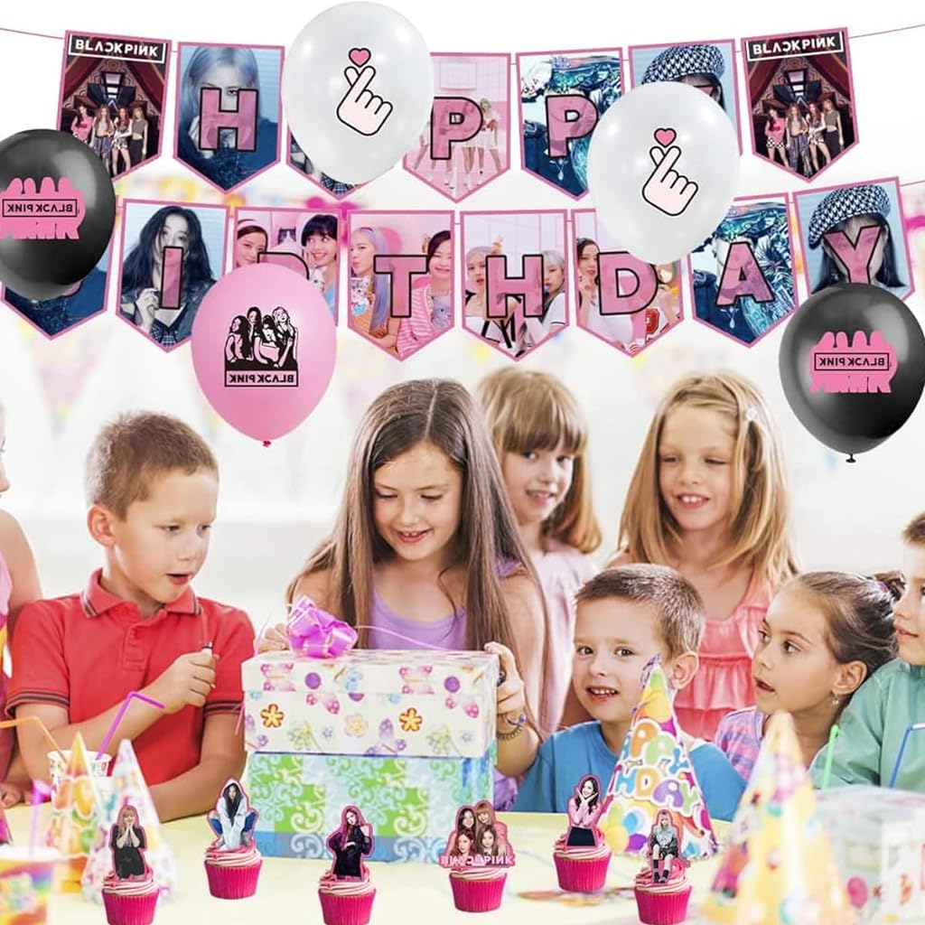 HASTHIP® Blackpink Cake Decoration Items Party Supplies Kits, Include Paper Banner, 18 Ballons, 1 Cake Topper & 24 Cupcake Toppers - Blackpink Theme Party Birthday Cake Decoration Set Fans Gift