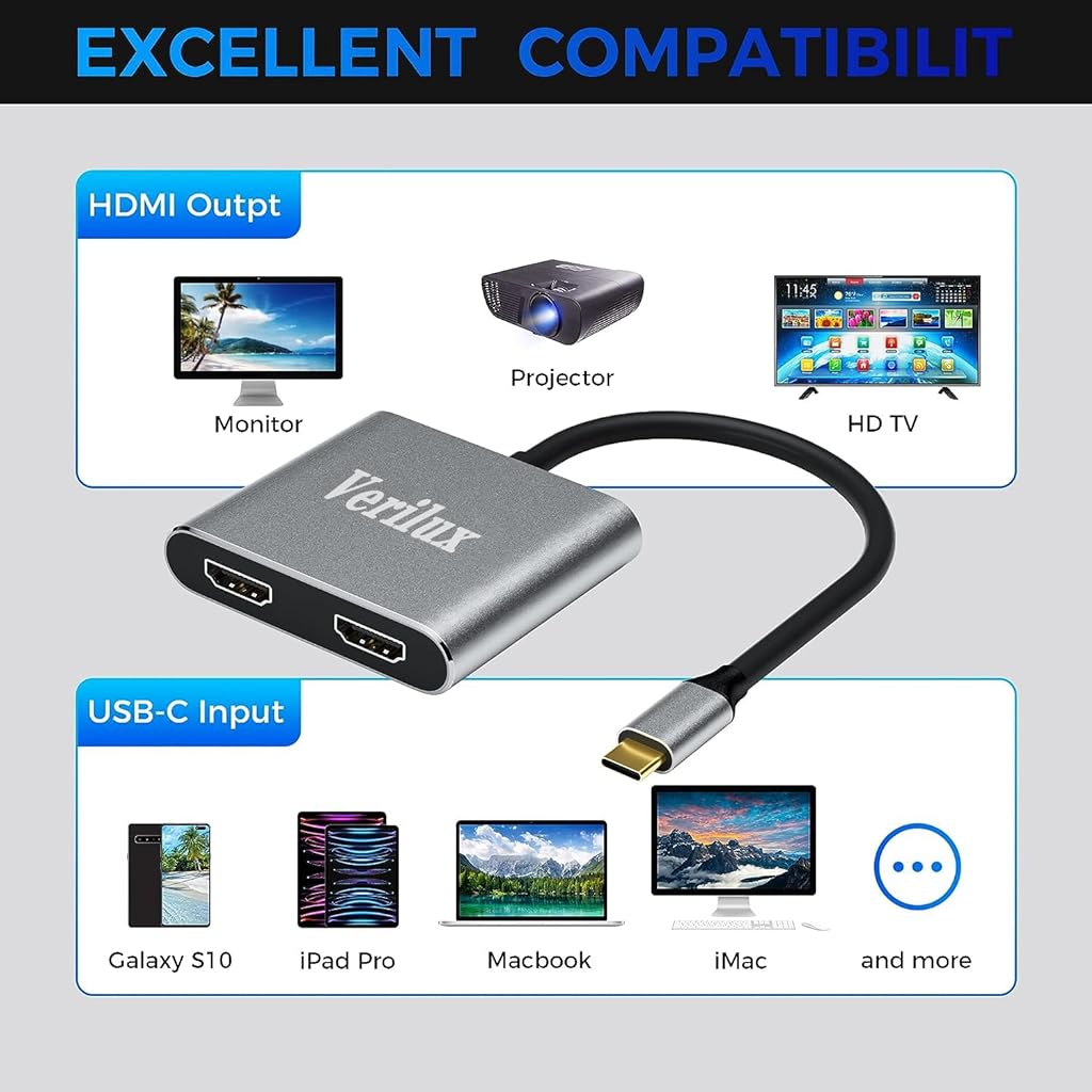 Verilux® USB C to HDMI Adapter Dual HDMI Ports USB HDMI Aapter 4K @60hz, Type C to HDMI Converter for MacBook Pro Air 2020/2019/2018, LenovoYoga 920/Thinkpad T480, Dell XPS