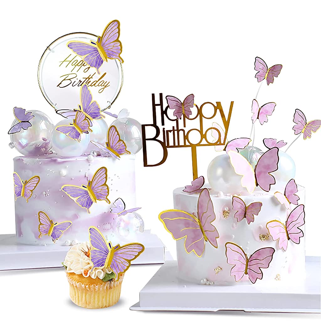 HASTHIP  22 pcs Cute Butterfly Cake Decorations,2 Cakes Decorate for Girl with 1 Happy Birthday Acrylic & 20 Butterflies & 1 Iron Circle in 1st to 25th Birthday Party(Purple & Pink)