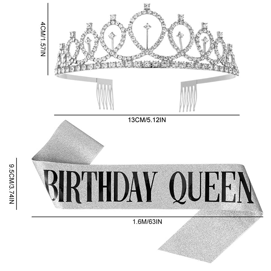 SANNIDHI  Birthday Queen Rhinestone Birthday Crown Tiara and Birthday Sash for Girls Women Birthday Party (Silver)