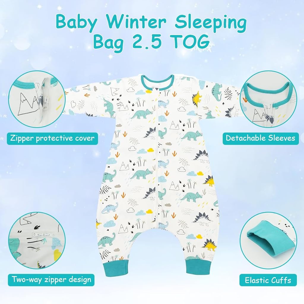 SNOWIE SOFT Baby Sleepsuits Sleeping Bag with Feet 2.5 TOG Wearable Blanket Baby with Long Sleeve Sleep Sack for Infant Toddler 100% Cotton Walking Sleeping Pajamas for Girl Boy 18-36 Months Dinosaur