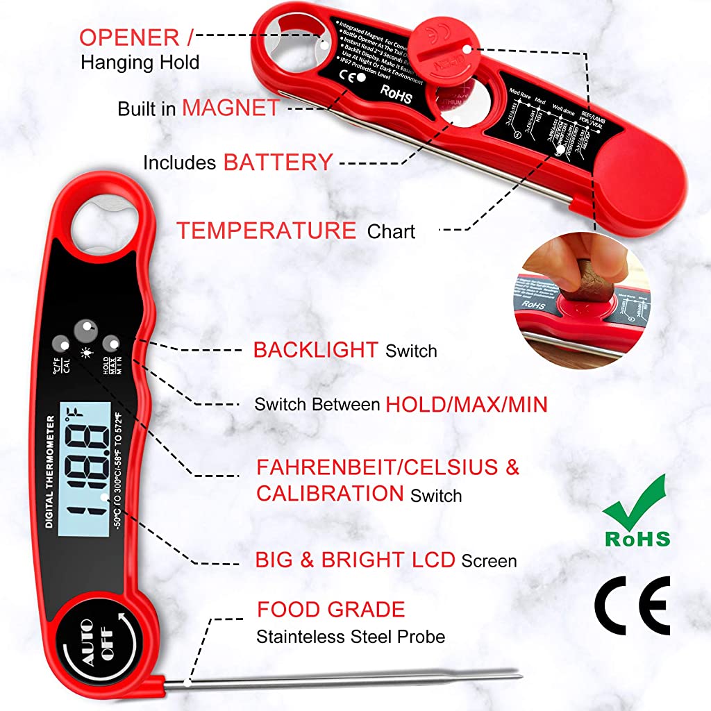 ZIBUYU  Food Thermometer with Instant Read Food Thermometer with Backlight & Calibration Function, IP67 Waterproof Fast Digital Cooking Thermometer for Candy Beef BBQ Grilling Baking