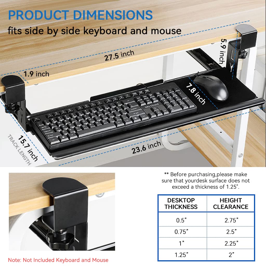 Verilux® Keyboard Stand with Mouse Mat, Pull Out Keyboard Rack, Keyboard Tray Under Desk, Nail-Free Installation Drawer Style Keyboard Rack Clamp Mount Pull Out Keyboard Holder for PC/Office Desk