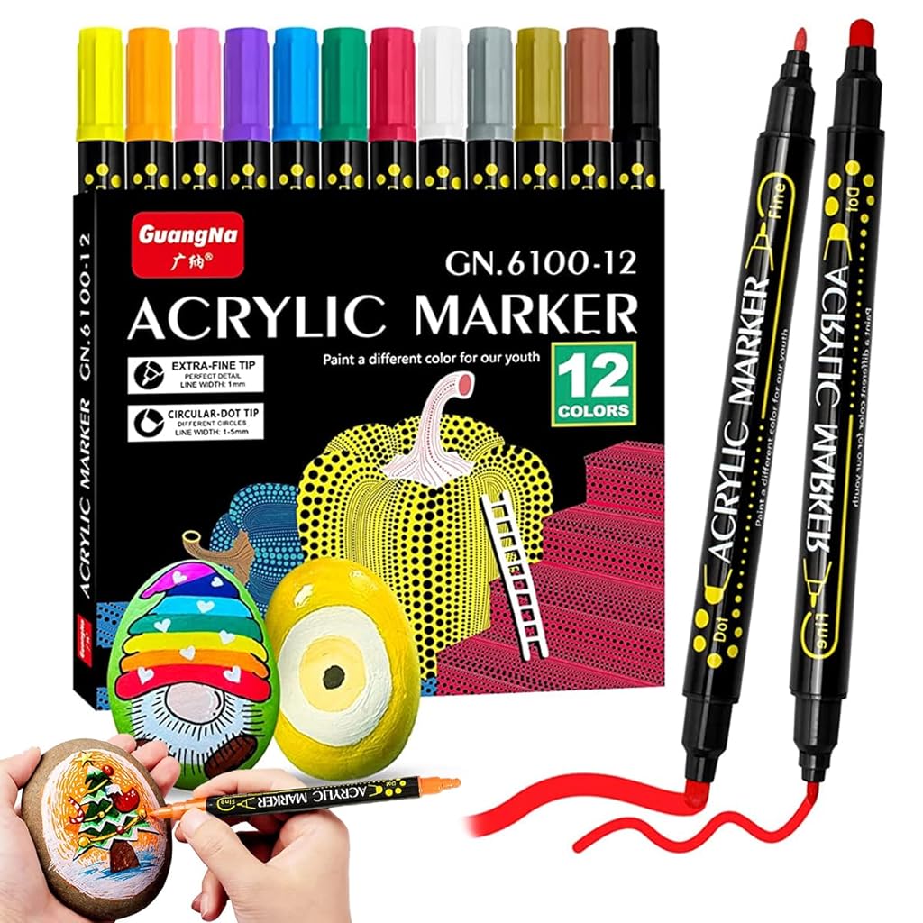 Climberty 12 Colors Acrylic Marker Pens,Dual Tip Paint Markers Paint Pens,Water Based Paint Pen,Deal For Wood,Rock Painting,Canvas,Stone,Glass,Ceramic,Diy Crafts Making Art Supplies,Black