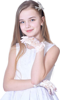 ZIBUYU  Lace Gloves for Bride Marriage Dress Gathered Rhinestone Lace Sequins Satin Bridal Party Wedding(white)