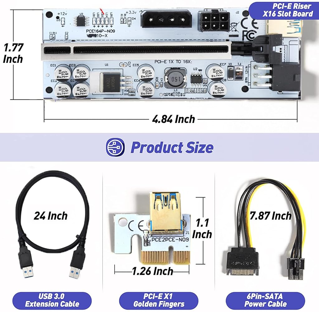 Verilux® VER010-X PCIE Riser, PCIE Cable 6 Pin 1X to 16X Powered 8 Capacitors Pcie Riser Adapter Card & USB 3.0 Extension Cable GPU Riser Adapter-Mining Bitcoin, Ethereum ETH Zcash ZEC Monero XMR