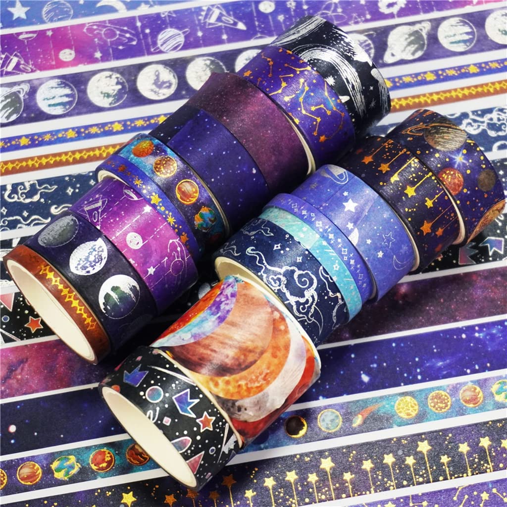 HASTHIP 19Rolls Washi Tape Set Gold Foil Galaxy Decorative Masking Tape Constellation, Stars, Celestial, Tape for Bullet Journal Supplies DIY Crafts Arts Scrapbooking Adhesive
