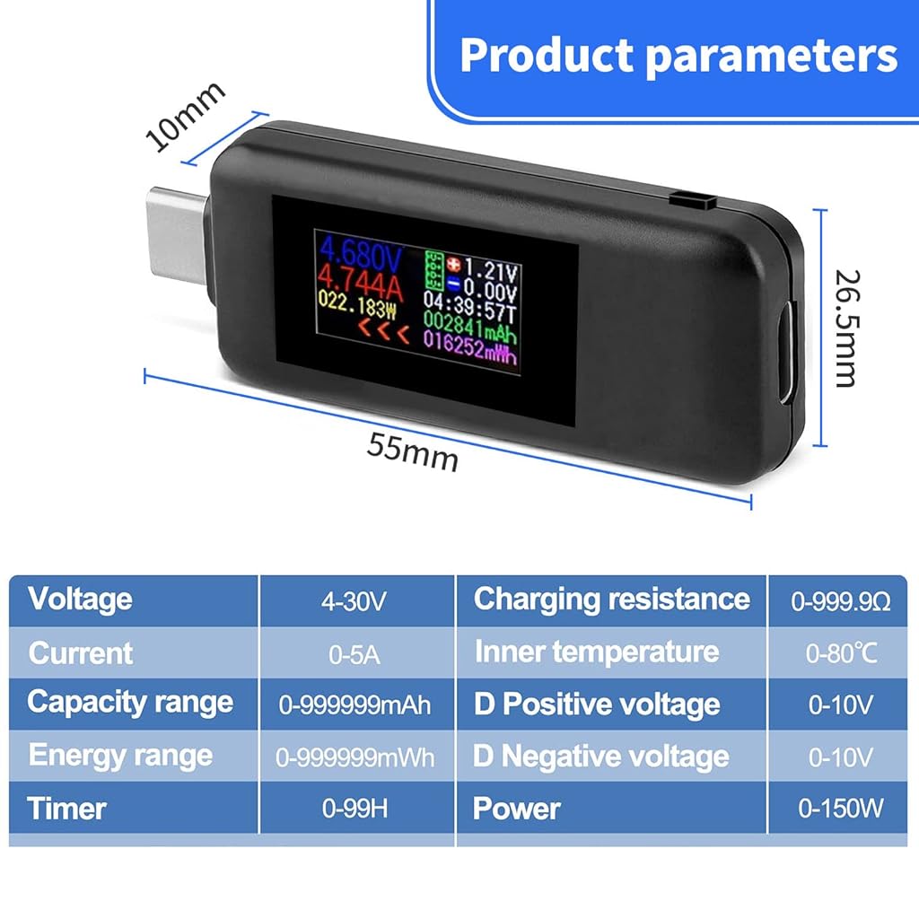 ZORBES® Type-C Voltmeter, LCD Screen Digital Volt Meter & Amphere meter, Plug & Go USB-C Watt Meter Power Meter Tester with High Temperature Warning for Monitoring USB-C Cables, Laptops Chargers