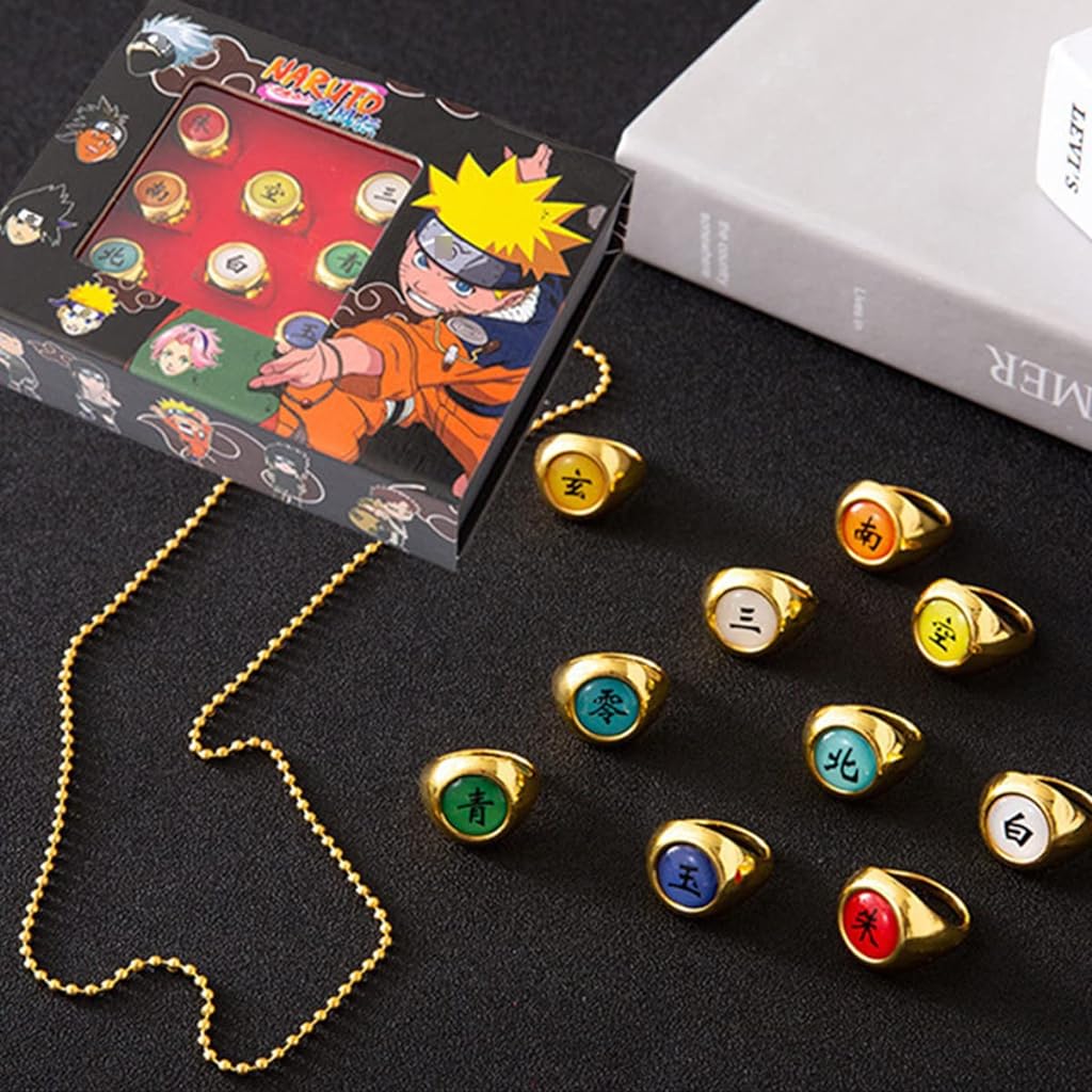 PATPAT Naruto Toys 10Pcs Akatsuk Naruto Ring Naruto Cosplay Finger Rings with Necklace Box Naruto Action Figures naruto accessories for Naruto Fans Children's Day GiftS for Boys Girls -Golden
