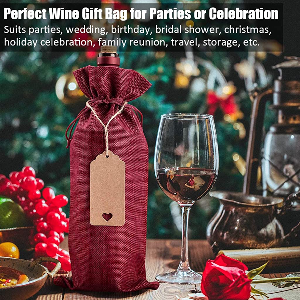 HASTHIP  12 Pcs Burlap Wine Bags Wine Gift Bags, 5.9 X 13.78 inches Wine Bottle Bags with Drawstrings, Tags & Ropes for Birthday, Travel, Holiday Party, Housewarming,Wedding, Home Storage