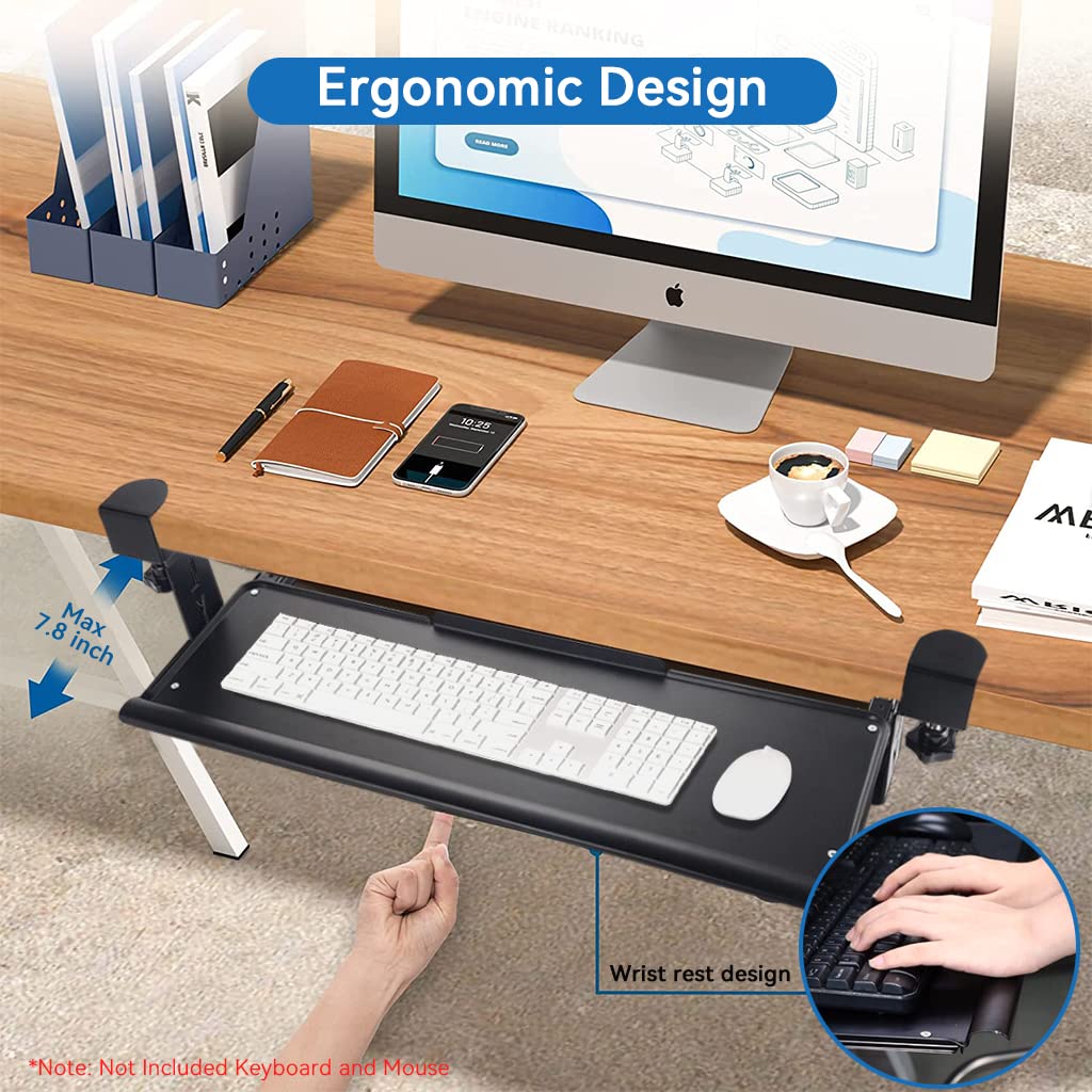 Verilux® Keyboard Stand with Mouse Mat, Pull Out Keyboard Rack, Keyboard Tray Under Desk, Nail-Free Installation Drawer Style Keyboard Rack Clamp Mount Pull Out Keyboard Holder for PC/Office Desk