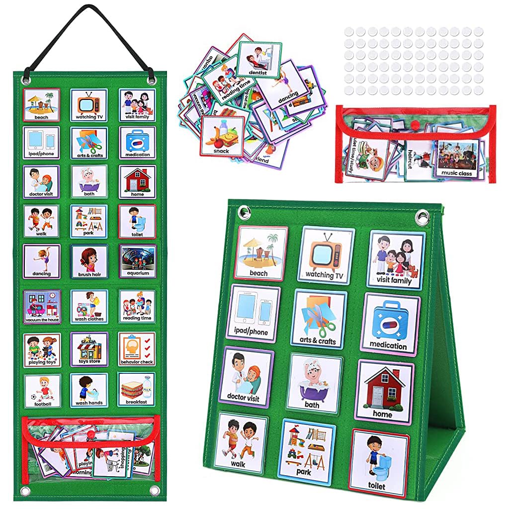 PATPAT® Flash Cards for Kids Visual Schedule for Kids with Autism Wall Hanging Schedule Board Desk Daily Routine Chart with 70 Cards Montessori Toys for 3+ Year Old Kids Wall Planner for School-Green