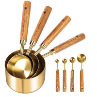 Supvox  Measuring Cups and Spoons Set of 8, Stainless Steel Measuring Cups and Spoons with Wood Handle, Golden Polished Finish, Baking Tools, Dry & Liquid Measuring Cup for Cooking and Baking