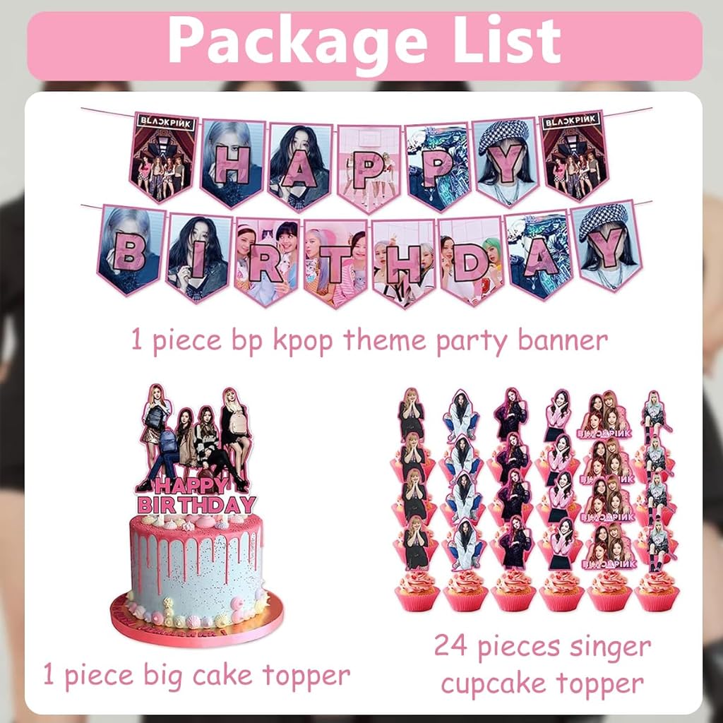 HASTHIP® Blackpink Cake Decoration Items Party Supplies Kits, Include Paper Banner, 18 Ballons, 1 Cake Topper & 24 Cupcake Toppers - Blackpink Theme Party Birthday Cake Decoration Set Fans Gift