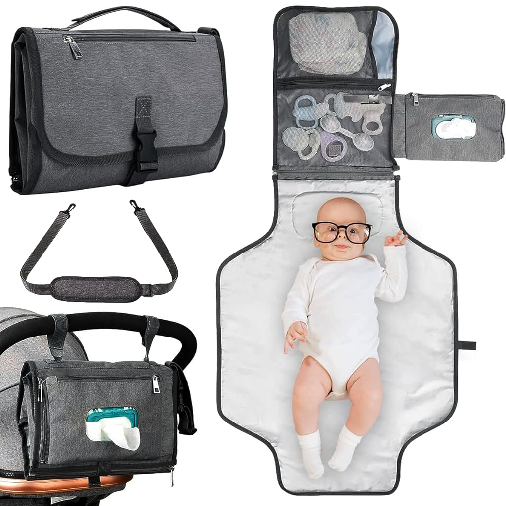 SNOWIE SOFT® Portable Diaper Changing Mats for Baby Waterproof 2 in 1 Diaper Changing Mat & Insulated Bag Essentials for Newborn Baby Diaper Bag with Detachable Shoulder Strap & Storage Pockets, Grey