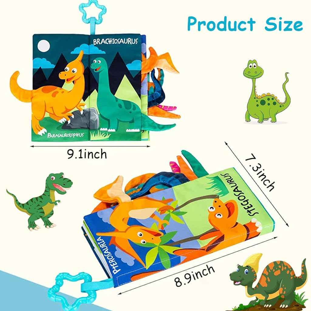 PATPAT® Cloth Books for Babies, Cartoon Dinosaur Baby Cloth Book Newborn Baby Toys 3D Touch Feel Soft Books for Babies Early Learning Toy, Stroller Hanging Toy Sensory Toys for Babies 6-12 Months