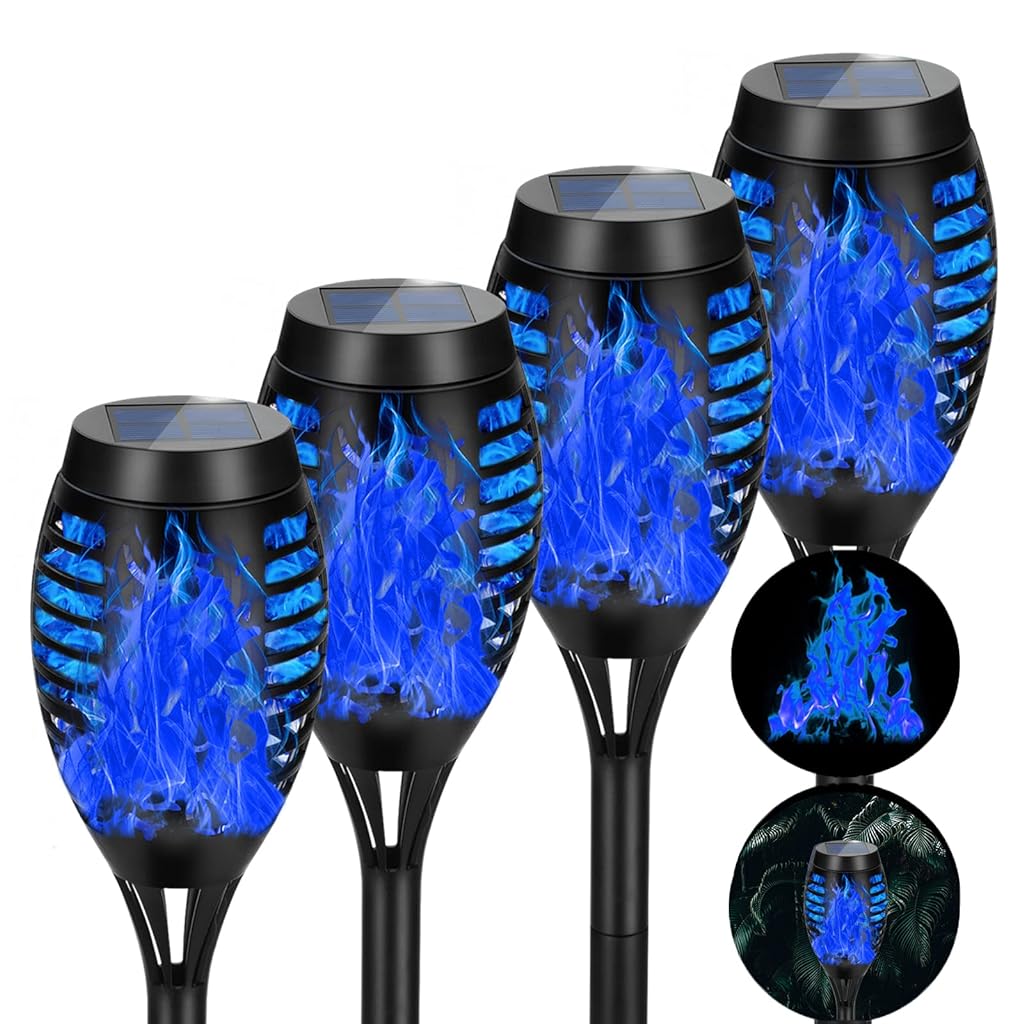 Qpets® 4pcs Blue Flickering Flame Solar Light Outdoor Waterproof Outdoor Solar Garden Light for Home Decor Waterproof Outdoor Garden Light Lawn Light Pathway Light Landscape Light