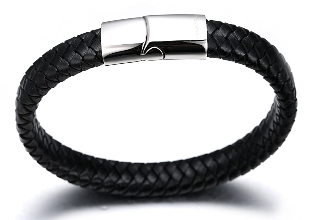 ZIBUYU Braided Leather Bracelet for Men Classic Leather Hoop Bracelet Leather Bracelet with Alloy Clasp Fashion Piece Bracelet for Women Men 8.46  Black Leather Hoop Bracelet