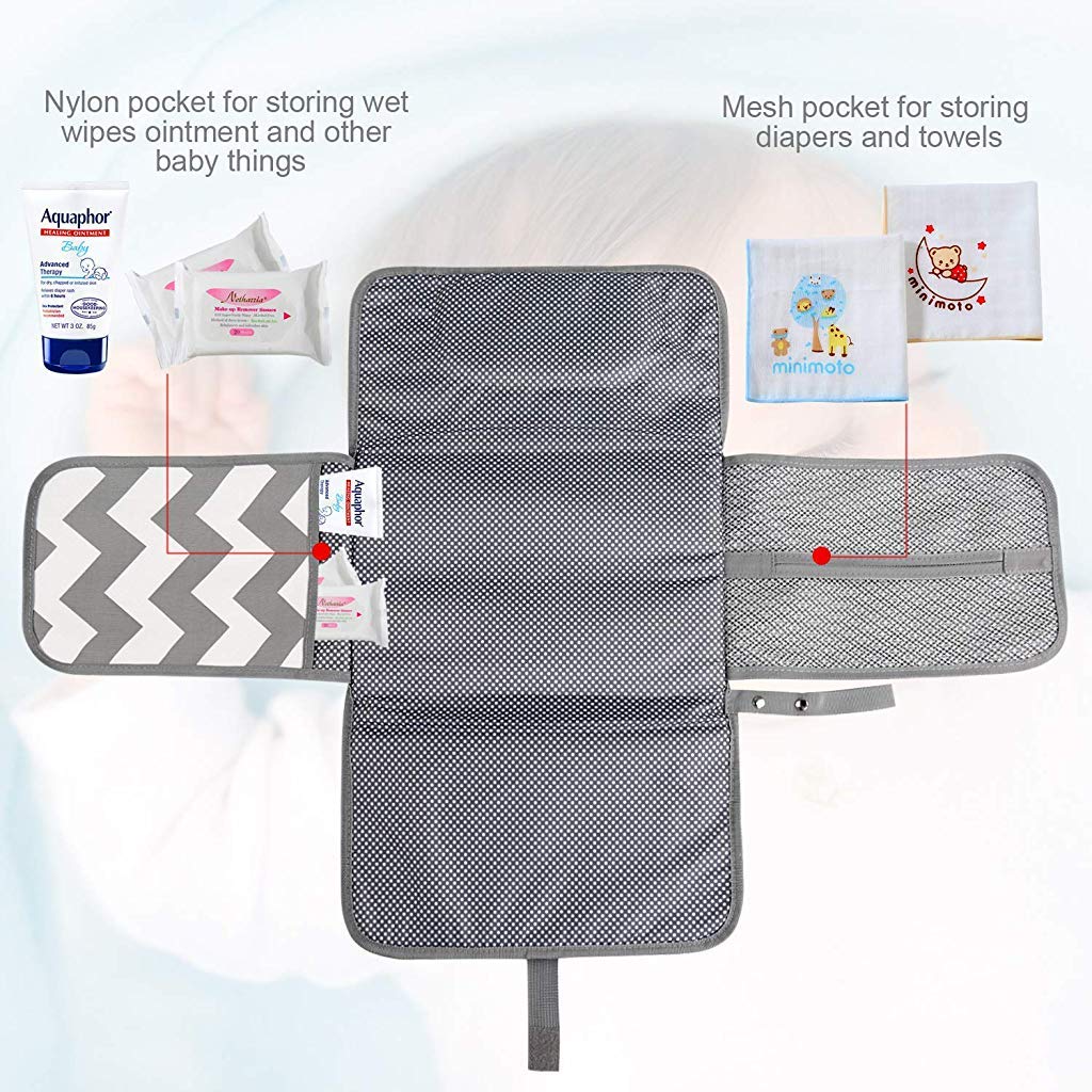 SNOWIE SOFT Baby Changing Mat, Waterproof Changing Pad with Head Cushion & Organizer Pockets, Diaper Changing Station, Foldable Baby Massage Mat for Home Travel Outside (Grey)