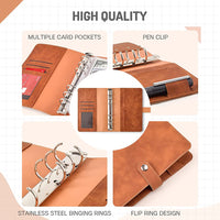 HASTHIP  File Folders for Documents Ring Binder Notebook Set, A6 PU Leather File Folder with 12 Envelopes, 12 Budget Sheets, 2 Label Stickers, 1 Ruler, Executive File Clip Stationery Supplies