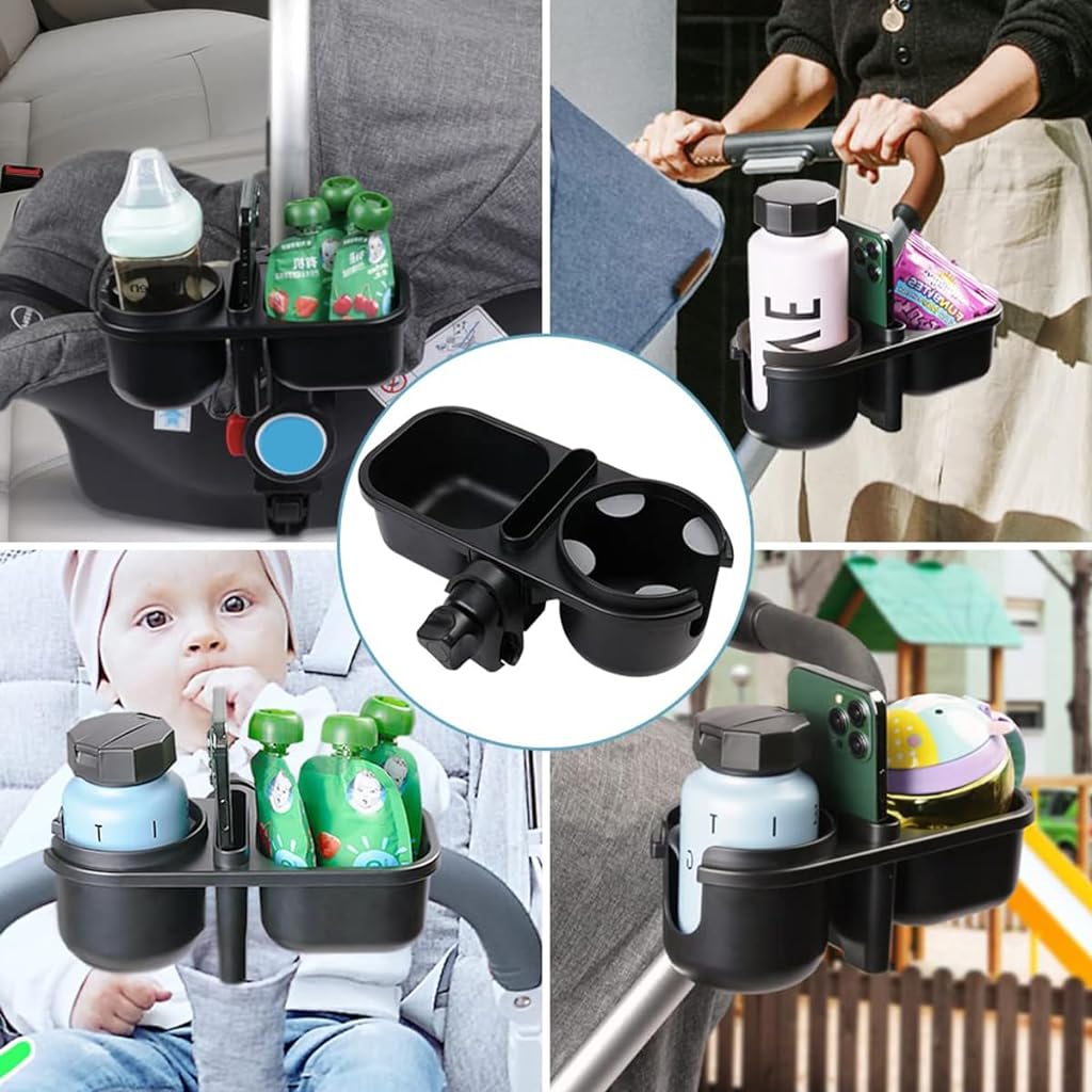 SNOWIE SOFT® 3 in 1 Stroller Cup Holder Phone Holder with 2 Hanging Hooks Snack Tray Water Bottle Holder Universal Cup Holder for Baby Stroller, Scooter, Baby Stroller Accessories