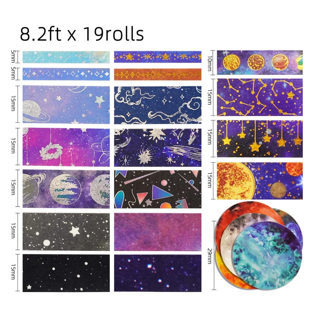 HASTHIP 19Rolls Washi Tape Set Gold Foil Galaxy Decorative Masking Tape Constellation, Stars, Celestial, Tape for Bullet Journal Supplies DIY Crafts Arts Scrapbooking Adhesive