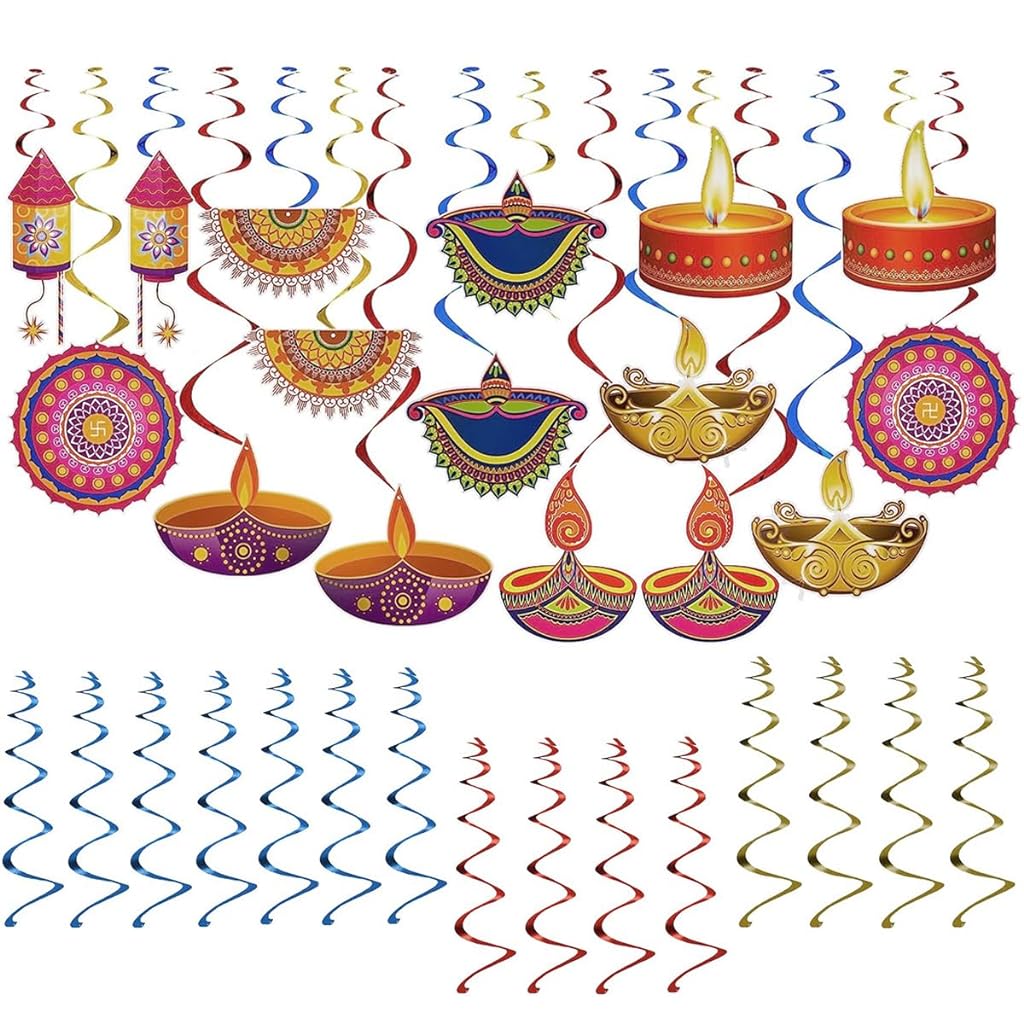 HASTHIP 46pcs Diwali Decorations, Happy Diwali Banner Deepavali Hanging Swirls Festival of Lights Party Supplies Indian Themed Light Party Decor Supplies Favor